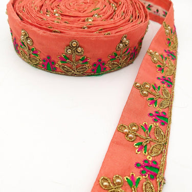 Orange Art Silk Trim In Green And Gold Embroidery, Approx. 32mm wide, Decorative Trim
